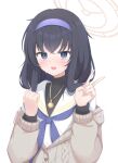  1girl black_hair blue_archive blue_eyes blush cardigan hairband halo jewelry long_hair long_sleeves looking_at_viewer neckerchief necklace nose_blush off_shoulder open_mouth prst_pictuer school_uniform serafuku smile solo sweat turtleneck ui_(blue_archive) upper_body v 
