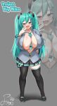  1girl :d alternate_breast_size aqua_eyes aqua_hair areola_slip between_breasts black_thighhighs blush breast_tattoo breasts fang food-themed_hair_ornament grey_background hair_ornament hand_on_own_hip hatsune_miku headset highres huge_breasts mesugaki miniskirt navel necktie necktie_between_breasts open_mouth oppai_loli partially_unzipped pleated_skirt purple_nails see-through see-through_sleeves shortstack signature skirt smile smug solo spring_onion_hair_ornament tattoo thighhighs vocaloid xiao_(gensou8953) zettai_ryouiki zoom_layer 