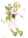  1girl :d alternate_costume alternate_hair_length alternate_hairstyle blonde_hair blush braid commentary_request dynamax_band eyelashes green_eyes green_footwear green_shorts green_socks grookey highres kinocopro leaf lillie_(pokemon) looking_at_viewer open_mouth pokemon pokemon_(creature) pokemon_(game) pokemon_sm pokemon_swsh shirt shoes short_sleeves shorts smile socks tongue twitter_username watermark white_shirt 