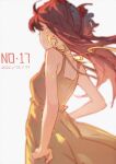  1girl back breasts brown_hair dress floating_hair hand_on_own_hip highres interface_headset long_hair mire55260779 neon_genesis_evangelion simple_background solo souryuu_asuka_langley standing sundress white_background yellow_dress 