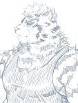  1boy animal_ears arknights bara blue_eyes expressionless furry furry_male greyscale highres large_hands large_pectorals llmoq00 looking_to_the_side male_focus monochrome mountain_(arknights) muscular muscular_male neck_fur pectorals scar scar_across_eye scar_on_arm short_hair sidepec sketch solo tank_top thick_eyebrows tiger_boy tiger_ears upper_body white_fur white_hair 
