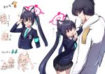  1boy 5girls :d animal_ear_fluff animal_ears aqua_necktie armband ayane_(blue_archive) black-framed_eyewear black_hair blazer blue_archive blue_eyes blue_jacket blush cat_ears check_translation chibi coat fang foreclosure_task_force_(blue_archive) glasses grey_skirt hair_between_eyes halo highres hoshino_(blue_archive) id_card irrwisch jacket long_hair long_sleeves looking_at_viewer multiple_girls necktie nonomi_(blue_archive) notice_lines one_eye_closed partially_translated plaid plaid_skirt problem_solver_sensei_(blue_archive) red_eyes sensei_(blue_archive) serika_(blue_archive) shiroko_(blue_archive) short_hair simple_background sketch skin_fang skirt smile sweat translation_request twintails white_background white_coat 