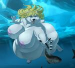  2021 anthro bear big_breasts big_nipples biglovealicia blonde_hair blue_eyes breasts cel_shading claws day detailed_background digital_media_(artwork) female fish fur hair huge_belly mammal marine morbidly_obese morbidly_obese_female neck_tuft nipples obese obese_female open_mouth overweight overweight_female partially_submerged pink_nipples polar_bear sea shaded signature solo swimming thick_arms tongue tuft ursine water white_body white_fur 