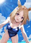  1girl absurdres all_fours animal_ears blonde_hair blue_one-piece_swimsuit blue_sky breasts cloud competition_school_swimsuit covered_navel crown day ear_covers highres horse_ears horse_girl horse_tail looking_at_viewer medium_breasts mini_crown narita_top_road_(umamusume) one-piece_swimsuit outdoors purple_eyes school_swimsuit short_hair single_ear_cover sky solo swimsuit tail tsukiyuki_mike umamusume 