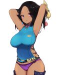  1girl absurdres armpits arms_behind_head arms_up black_hair blue_shirt breasts cowboy_shot dark-skinned_female dark_skin earrings flower hair_flower hair_ornament hands_in_hair highres jewelry large_breasts leg_armor long_hair looking_at_viewer miao_yao_cha mole mole_under_eye monster_hunter:_world monster_hunter_(character) monster_hunter_(series) parted_lips purple_eyes shirt simple_background sleeveless sleeveless_shirt slinger_(monster_hunter) solo standing white_background 