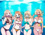  4girls absurdres ahoge alternate_costume annette_fantine_dominic aqua_bikini aqua_eyes ass_visible_through_thighs bandeau bikini black_bikini black_bow blonde_hair blue_eyes bow breasts brown_bikini catherine_(fire_emblem) cleavage commission dark-skinned_female dark_skin fire_emblem fire_emblem:_three_houses fire_emblem_heroes fish flower green_bikini green_eyes hair_bow hair_flower hair_ornament halterneck hand_up highres ingrid_brandl_galatea jewelry long_hair looking_at_viewer mercedes_von_martritz multiple_girls navel necklace official_alternate_costume orange_bikini orange_hair purple_eyes red_flower rein_creamsoda second-party_source stomach strapless strapless_bikini swimsuit thighlet thighs underwater white_bikini 