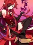  1boy black_footwear black_gloves black_vest boots brooch closed_mouth dress elsword eyepatch fire gem gloves high_heel_boots high_heels highres jewelry long_hair looking_at_viewer male_focus nishiirei9522 purple_fire red_dress red_gemstone red_hair rosso_(elsword) solo thigh_boots very_long_hair vest 
