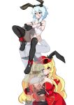  2girls animal_ears anne_bonny_(fate) blonde_hair breasts cum cum_on_body cum_on_breasts fate/grand_order fate_(series) fujimaru_ritsuka_(male) hat highres isemagu large_breasts long_hair mary_read_(fate) masturbation masturbation_through_clothes multiple_girls paizuri pirate pirate_hat rabbit_ears scar scar_on_cheek scar_on_face short_hair small_breasts white_hair 