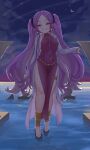  1girl absurdres breasts fate/grand_order fate_(series) forehead full_body grin hair_ornament hair_scrunchie highres long_hair looking_at_viewer night night_sky niwaikanai parted_bangs purple_eyes purple_hair scrunchie sidelocks sky small_breasts smile solo twintails very_long_hair water wu_zetian_(fate) 