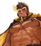  1boy bara brown_hair cape character_request copyright_request fire gh_himainu highres looking_at_viewer male_focus navel nipples orange_eyes parted_lips pectorals scar scar_on_chest short_hair sideburns solo teeth upper_body white_background yellow_cape 