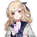  1girl :d blonde_hair blue_bow blue_bowtie blue_collar blue_ribbon bow bowtie cellphone collar curly_hair grey_eyes hair_ribbon head_tilt highres holding holding_phone long_sleeves medium_hair original phone puffy_long_sleeves puffy_sleeves ribbon ringlets sailor_collar school_uniform selfie shirt side_ponytail sleeves_past_wrists smartphone smile suzune_hapinesu tabletop_rpg tongue tongue_out v white_shirt 