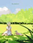  2girls baby blue_sky bow closed_eyes cloud cloudy_sky dress english_commentary english_text full_body glasses grass green_hair highres linka_(xenoblade) multiple_girls on_floor open_mouth outdoors pandoria_(xenoblade) pink_bow pink_shirt puffy_short_sleeves puffy_sleeves shirt short_hair short_sleeves shorts sitting sky smile stephanieh81080 summer tree turters_(xenoblade) turtle white_dress white_shorts xenoblade_chronicles_(series) xenoblade_chronicles_3 