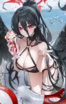  1girl absurdres bikini black_bikini black_hair black_wings blue_archive blush breasts cleavage collarbone feathered_wings hasumi_(blue_archive) highres large_breasts long_hair looking_at_viewer muring864 red_eyes solo swimsuit tongue tongue_out very_long_hair wings 