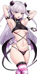  1girl absurdres agetama armpits arms_behind_head arms_up blush breasts demon_girl demon_horns demon_tail demon_wings fangs grey_hair hair_ornament highres horns light_purple_hair long_hair looking_at_viewer low_wings naruse_maria navel open_mouth panties pointy_ears purple_eyes purple_hair shinmai_maou_no_testament small_breasts solo stomach striped striped_thighhighs tail thighhighs thighs underboob underwear white_background wings 