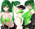  1girl alternate_costume alternate_hairstyle bikini breasts earrings english_commentary fire_emblem fire_emblem:_the_blazing_blade green_bikini green_eyes green_hair green_one-piece_swimsuit hair_down high_ponytail jewelry large_breasts long_hair looking_at_viewer lyn_(fire_emblem) one-piece_swimsuit ormille ponytail solo swimsuit very_long_hair wet 