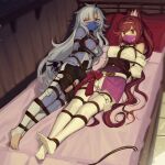  2girls a_(xenoblade) arms_behind_back bdsm black_pants blue_eyes blue_jacket blue_thighhighs blush bondage bound breasts cad_(caddo) chest_jewel detached_sleeves glimmer_(xenoblade) grey_hair high_ponytail highres hitachi_magic_wand jacket japanese_clothes kimono large_breasts long_hair long_sleeves lying mask medium_breasts mouth_mask multiple_girls obi on_back on_side orange_eyes pants pantyhose ponytail purple_skirt red_hair restrained rope sash sex_toy shibari sidelocks skirt sleeveless sleeveless_kimono stirrup_legwear swept_bangs thigh_pouch thighhighs toeless_legwear toes very_long_hair vibrator white_kimono white_pantyhose xenoblade_chronicles_(series) xenoblade_chronicles_3 xenoblade_chronicles_3:_future_redeemed 