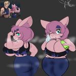  absurd_res anthro barely_contained barely_contained_breasts big_breasts bodily_fluids breasts cleavage clothed clothing crop_top female hi_res league_of_legends leggings legwear muscular nailstrabbit riot_games rizz_(lol) shirt short_stack solo sweat topwear yordle 
