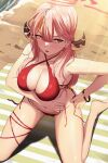  1girl aru_(blue_archive) bare_shoulders bikini blue_archive blush bracelet breasts capitan_wei cleavage halo highres horns jewelry kneeling long_hair navel open_mouth pink_hair red_bikini solo swimsuit yellow_eyes 