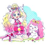  :d arms_up bow closed_eyes cure_flora earrings flower flower_earrings flower_necklace gloves go!_princess_precure green_eyes haruno_haruka head_wreath heart_cheeks hoppetoonaka3 jewelry magical_girl multicolored_hair open_mouth outdoors pink_bow pink_skirt precure puff_(go!_princess_precure) simple_background sitting skirt smile streaked_hair tiara two-tone_hair waist_bow waist_brooch white_gloves 