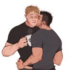  2boys amikoroyai bara beard_stubble blonde_hair blush call_of_duty call_of_duty:_modern_warfare_2 clothes_lift couple cup ghost_(modern_warfare_2) highres holding holding_cup kiss kissing_cheek lifted_by_another male_focus mature_male midriff_peek multiple_boys muscular muscular_male mustache_stubble no_mask notched_ear scar scar_on_face scar_on_forehead shirt shirt_lift short_hair sideburns smile soap_(modern_warfare_2) t-shirt upper_body yaoi 