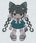  1girl animal animal_ears bell bow bowtie buttons cat_ears cat_hair_ornament chabashira_tenko chibi clenched_hand danganronpa_(series) danganronpa_v3:_killing_harmony double-breasted drill_hair frown green_shirt green_skirt grey_background hair_bow hair_ornament hairband heart holding holding_animal layered_skirt long_hair long_sleeves looking_at_viewer miniskirt mouse neck_bell pink_hairband pleated_skirt sema_(vivaviva_02) shirt shoes simple_background skirt socks solo twin_drills twintails white_bow white_bowtie 