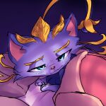  bed bedroom_eyes domestic_cat felid feline felis female feral furniture godforgiveme4 hi_res league_of_legends mammal narrowed_eyes riot_games seductive solo waking_up yuumi_(lol) 