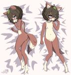  absurd_res anthro askknight bed_sheet bedding blush breasts brown_body brown_fur canid canine digital_media_(artwork) eyewear female fur genitals glasses green_eyes hair hi_res looking_at_viewer mammal momoko_(character) nude open_mouth pillowcase pussy raccoon_dog short_hair simple_background solo tanuki tanuki_leaf young 
