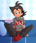  1boy :d absurdres arm_support black_hair blue_eyes blush chibaqen commentary_request couch eyelashes goh_(pokemon) grey_shirt highres indoors looking_at_viewer male_focus medium_hair open_mouth pants pokemon pokemon_(anime) pokemon_journeys red_socks shirt short_sleeves signature sitting smile socks solo teeth tongue translation_request upper_teeth_only 