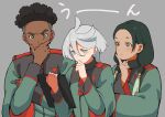  1boy 2girls afro_puffs ahoge aliya_mahvash asticassia_school_uniform black_hair blush brown_eyes brown_hair closed_mouth dark-skinned_male dark_skin green_hair green_jacket grey_background grey_eyes grey_hair gundam gundam_suisei_no_majo hair_between_eyes hand_on_own_chin hand_up highres holding holding_tablet_pc index_finger_raised jacket long_hair long_sleeves miorine_rembran multiple_girls ojelo_gabel school_uniform short_hair simple_background suiseikaro swept_bangs tablet_pc thinking translation_request upper_body wide_sleeves yellow_eyes 