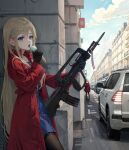  1girl assault_rifle bayonet blonde_hair blue_dress blue_eyes bullpup car coat commentary day dress english_commentary famas famas_(girls&#039;_frontline) food girls&#039;_frontline greyscale gun highres holding holding_food holding_gun holding_ice_cream holding_weapon ice_cream long_hair long_sleeves monochrome motor_vehicle open_clothes open_coat open_mouth outdoors red_coat rifle solo standing takemori_kohoto very_long_hair weapon 