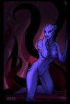  2023 3033 alien alien_humanoid areola artist_name asari blue_body blue_skin breasts collarbone facial_markings female genitals head_markings hi_res humanoid kneeling markings mass_effect nipples not_furry nude on_one_knee pussy solo 