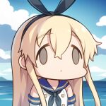  1girl ai-assisted blonde_hair chibi empty_eyes face_of_the_people_who_sank_all_their_money_into_the_fx_(meme) hairband kantai_collection long_hair meme merrytail neckerchief ocean sailor_collar shimakaze_(kancolle) solo striped wall-eyed 