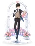  1boy :d arch black_hair black_jacket black_necktie black_pants black_socks blue_eyes blush bouquet brown_vest chrysanthemum closers collared_shirt falling_petals flower full_body gloves hand_on_own_chest hand_up highres holding holding_bouquet jacket looking_at_viewer male_focus necktie official_art outstretched_arm oxfords pants petals pink_flower pink_rose plant potted_plant rose rose_bush seha_lee shirt short_hair smile socks solo suit swept_bangs tachi-e vest walking white_background white_flower white_footwear white_gloves white_shirt 