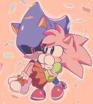  amy_rose animal_ears armor blue_armor carrying fake_animal_ears gloves glowing glowing_eyes green_shirt hand_fan hedgehog hedgehog_ears highres machimo129 metal_sonic orange_skirt paper paper_fan pink_background pointy_nose polka_dot polka_dot_background princess_carry red_eyes robot shirt shoes skirt sonic_(series) sonic_cd sonic_the_hedgehog_(classic) white_gloves 