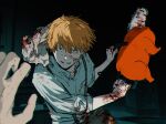  1boy 1other blonde_hair blood blood_on_clothes blood_on_face blood_on_hands chainsaw chainsaw_man denji_(chainsaw_man) highres holding holding_chainsaw looking_at_viewer mitaroxas parted_lips pochita_(chainsaw_man) pov short_hair sleeves_rolled_up smile solo_focus suspenders 