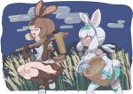  2girls animal_ears bare_shoulders behind_another blue_eyes brown_hair closed_eyes closed_mouth dark_skin detached_sleeves elbow_gloves from_side gloves hair_between_eyes hair_ribbon hairband heterochromia holding holding_mallet japanese_hare_(kemono_friends) jumping kemono_friends kemono_friends_3 kine kunikuni_(kunihiro2005) light_brown_hair long_hair low_ponytail mallet miniskirt mortar_(bowl) multiple_girls night night_sky open_mouth outdoors ponytail rabbit_ears rabbit_girl rabbit_tail ribbon sailor_collar shirt shoes short_sleeves skirt sky smile socks tail thighhighs tsukuyomi_shinshi_(kemono_friends) walking white_hair yellow_eyes zettai_ryouiki 