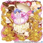  1girl :d alternate_costume blue_hair coin commentary copyright_name dress english_commentary flandre_scarlet full_body game_cg izayoi_sakuya looking_at_viewer maid maid_headdress open_mouth patchouli_knowledge pink_dress pink_eyes remilia_scarlet rotte_(1109) short_hair short_sleeves smile solo spoon sukuna_shinmyoumaru sukuna_shinmyoumaru_(the_mansion&#039;s_smallest_maid) teapot third-party_source touhou touhou_lost_word 