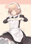  1girl :d alternate_costume apron black_dress blush dress embarrassed enmaided frilled_apron frills green_eyes grin hair_ornament heart heart_hands highres indie_virtual_youtuber juliet_sleeves light_brown_hair long_sleeves looking_at_viewer looking_down maid maid_apron maid_headdress one_eye_closed people pom_pom_(clothes) pom_pom_hair_ornament puffy_sleeves shigure_ui_(vtuber) short_hair sleeve_cuffs smile solo thighhighs unusablenameaaa virtual_youtuber white_apron white_thighhighs 