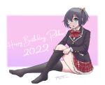  1girl artist_name birthday black_thighhighs blue_eyes character_name chuunibyou_demo_koi_ga_shitai! cross dated eyepatch happy_birthday highres no_shoes open_mouth purple_hair school_uniform sitting skirt socks solo takanashi_rikka thighhighs tono51044448 