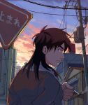  1boy black_eyes brown_hair brown_jacket building cigarette closed_mouth cloud commentary_request expressionless from_behind highres holding holding_cigarette inudori itou_kaiji jacket kaiji long_hair looking_at_viewer looking_back male_focus medium_bangs outdoors power_lines road_sign sign sky solo stop_sign sunset upper_body utility_pole 