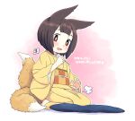  1girl :d animal_ears bob_cut brown_hair cushion fox_ears fox_girl fox_tail full_body holding japanese_clothes kimono kukuri_(mawaru) looking_at_viewer mawaru_(mawaru) mimikaki multiple_tails obi open_mouth original pink_background red_eyes sash seiza short_hair sitting smile solo tail two-tone_background white_background yellow_kimono zabuton 