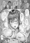  1boy 2girls absurdres blush breasts cheating_(relationship) erection grabbing_own_breast hair_between_eyes hair_ornament hair_over_breasts highres ken-1 large_breasts long_hair looking_at_viewer monochrome multiple_girls nude original paizuri penis smile speech_bubble spread_legs stomach tongue tongue_out 