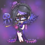  1girl artist_name black_gloves black_hair black_mask braid chibi crown_braid dress du_xifei eye_mask full_body gloves hat highres holding holding_smoking_pipe kumu_zaisheng long_dress long_hair looking_to_the_side mini_hat multicolored_hair octopus purple_background purple_dress purple_eyes purple_hair red_footwear smile smoking_pipe solo streaked_hair ye_luoli 