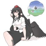  1girl alternate_hair_length alternate_hairstyle bird_wings black_hair black_skirt black_wings collared_shirt commentary english_commentary hat highres inubashiri_momiji inubashiri_momiji_(wolf) long_hair mata_(matasoup) pom_pom_(clothes) red_headwear shameimaru_aya shirt short_sleeves sidelocks simple_background sitting skirt thought_bubble tokin_hat touhou white_background white_shirt wings wolf 