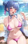  1girl absurdres alternate_costume azur_lane beach bikini black_choker blue_sky breasts choker cloud collarbone commission day double_bun food hair_bun hair_ribbon highres holding holding_food holding_popsicle large_breasts manjuu_(azur_lane) marco_polo_(azur_lane) navel navel_piercing ocean open_mouth outdoors piercing pink_bikini pink_ribbon popsicle red_eyes ribbon second-party_source sideboob sitting sky stomach studiopokotan swimsuit thighs tongue tongue_out underboob water wet 