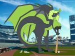  anthro areola ball baseball_(ball) baseball_bat baseball_field bat_(object) big_areola big_breasts big_nipples black_areola black_body black_nipples breasts claws curvy_figure dragon female green_body green_claws green_eyes green_hair green_scales hair hi_res huge_areola huge_breasts huge_nipples kaya_(knockedoutdragon) knockedoutdragon leaning leaning_forward leaning_on_object looking_at_viewer macro membrane_(anatomy) membranous_wings mlb nipples nude pinup pose san_francisco_giants scales scalie smile smiling_at_viewer solo solo_focus stadium standing tail thick_tail western_dragon wings 