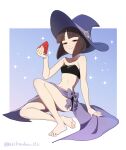  1girl arikindows10 barefoot bikini black_bikini blush bob_cut breasts brown_eyes brown_hair closed_mouth food fruit gradient_background half-closed_eyes hat highres inverted_bob little_witch_academia looking_at_viewer purple_sarong sarong shao-yi short_hair signature simple_background small_breasts smile solo strapless strapless_bikini swimsuit watermelon watermelon_slice witch witch_hat 