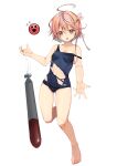  1girl absurdres ahoge blue_one-piece_swimsuit blush full_body hair_ornament highres i-58_(kancolle) kantai_collection looking_at_viewer old_school_swimsuit one-piece_swimsuit pink_hair school_swimsuit short_hair simple_background smile solo swimsuit swimsuit_under_clothes torn_clothes torn_swimsuit torpedo white_background yashin_(yasinz) 