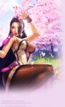  1girl bare_shoulders black_hair branch breasts cherry_blossoms cleavage falling_petals flower hair_flower hair_ornament highres leggings lipstick long_hair luong makeup mole mole_under_eye official_art open_mouth petals pink_flower purple_eyes smile solo the_king_of_fighters the_king_of_fighters_all-stars the_king_of_fighters_xiv the_king_of_fighters_xv tree 
