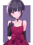  1girl bare_shoulders black_choker black_gloves black_hair blunt_bangs blush bob_cut border bow breasts choker cleavage collarbone dot_nose dress dress_bow earrings elbow_gloves flat_chest gloves hand_up highres idolmaster idolmaster_cinderella_girls idolmaster_cinderella_girls_starlight_stage jewelry lace lace_gloves looking_at_viewer open_mouth outside_border purple_background purple_eyes red_bow red_dress shirayuki_chiyo short_hair simple_background sleeveless sleeveless_dress solo upper_body white_border yumi_san0112 